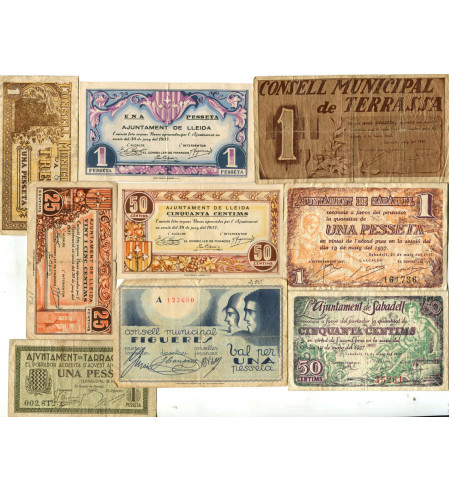 España - Lotes y colecciones - Nº 06168 - DVC - Conjunto 9 billetes Locales Cataluña, muy interesante
