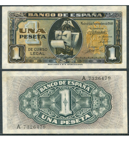 España - 1940 - Billetes Estado Español - Nº 00437 - SC/UNC - 1 peseta 1940 Caravela serie A