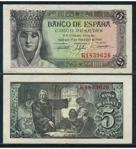 España - 1943 - Billetes Estado Español - Nº 00459 - SC/UNC - 5 pesetas 1943 serie G