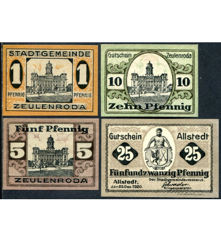 Alemania - Locales - 1920 - Billetes circulación ext. - Nº N-1920-019 - SC/UNC - Altstedt 4 Billetes 1, 5, 10 y 25 Pfenning 1920