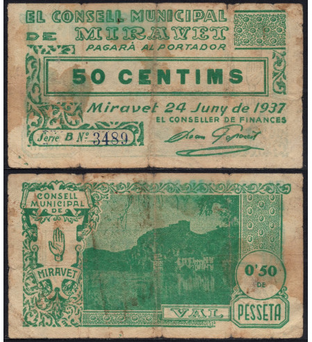 España - 1937 - Billetes Locales Cataluña - Nº 01501 - MBC/VF - Miravet / 50 centimos / 24 de junio del 1937