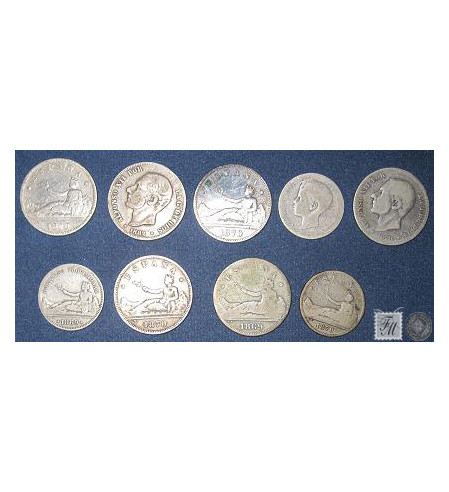 España - Lotes y colecciones - Nº 01348 - DVC - Conjunto 3 monedas 1 pta y 6 monedas 2 ptas todas originales y de plata entre lo