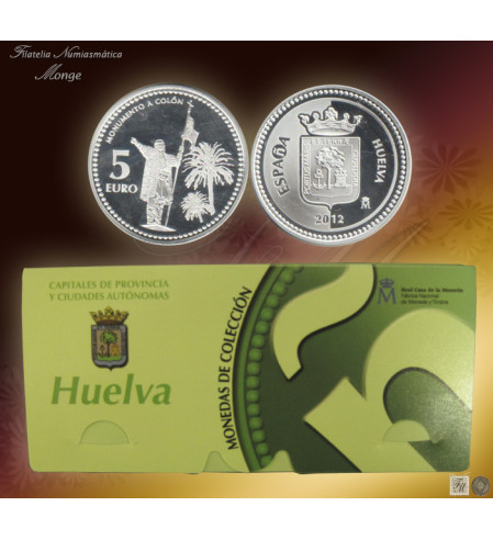 España - 2012 - Monedas euros en plata - PROOF - 5 € Año 2012 / Huelva / Plata / En estuche oficial