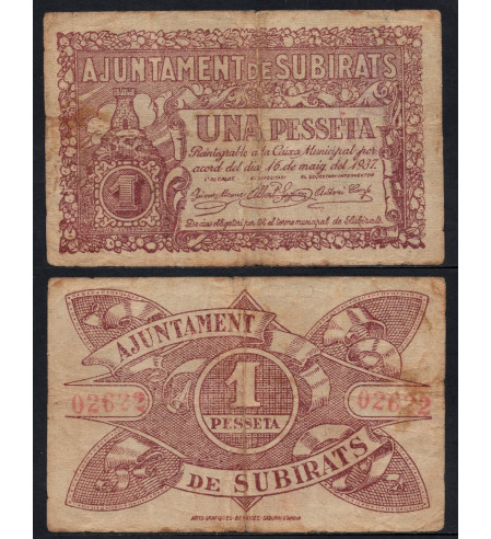 España - 1937 - Billetes Locales Cataluña - Nº 02408 - MBC/VF - Subirats / 1 Peseta/ 16 de Mayo del 1937
