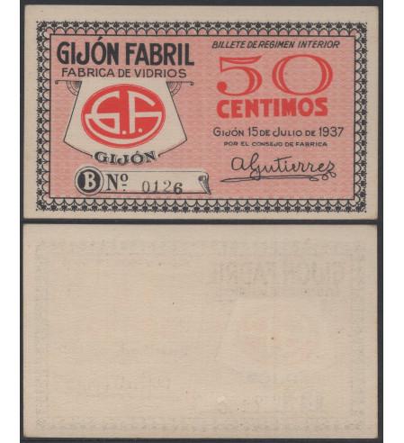 España - 1937 - Billetes Locales Repúblicanos - Nº RG2660 - SC/UNC - Gijon Fabril/ 50 centimos/ 15 de julio del 1937/ rojo