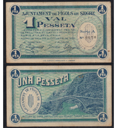 España - 1937 - Billetes Locales Cataluña - Nº 01003 - EBC+/XF+ - Figols de Segre / 1 peseta/ 25 de octubre de 1937
