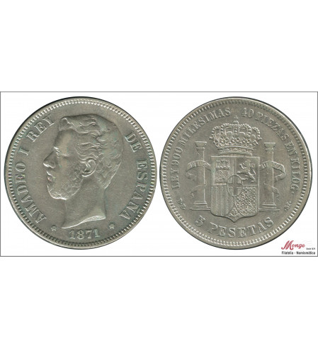 España - 1875 - Amadeo I - Nº 00116 - MBC - / VF- - 5 pesetas 1871 (*18*75) DEM Ag.