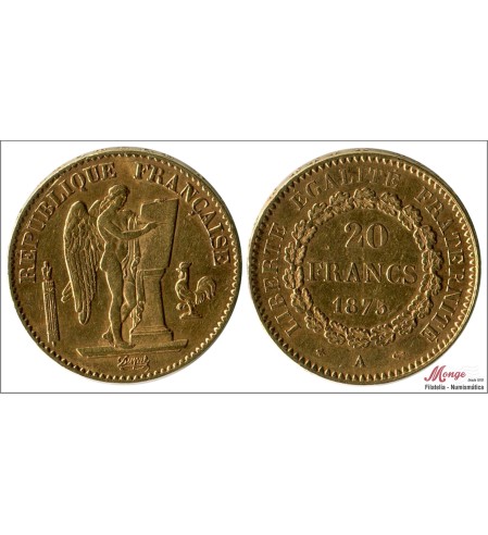 Francia - 1875 - Monedas Circulación - Nº KM00825-75 - MBC+ / VF+ - 20 Francos 1875 - A / Dupre / 6,45 gr. oro